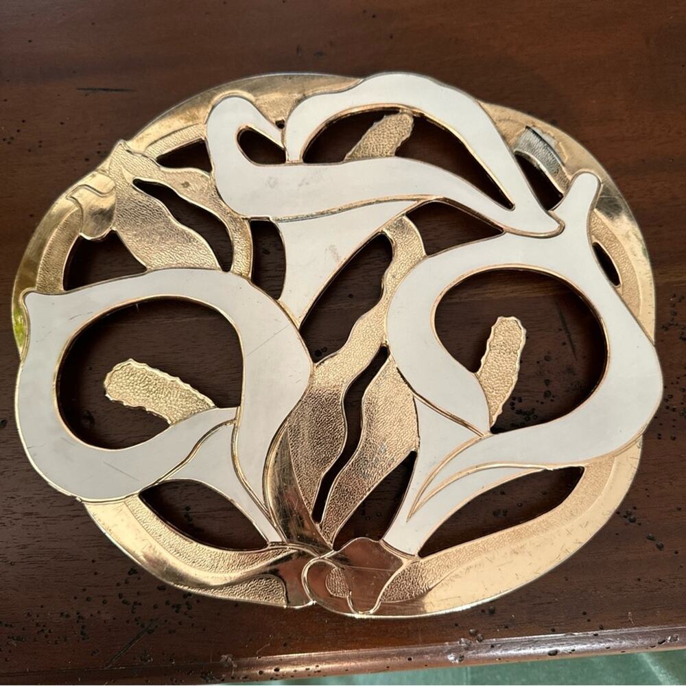 Vintage Brass And White Enamel Calla Lilly Trivet